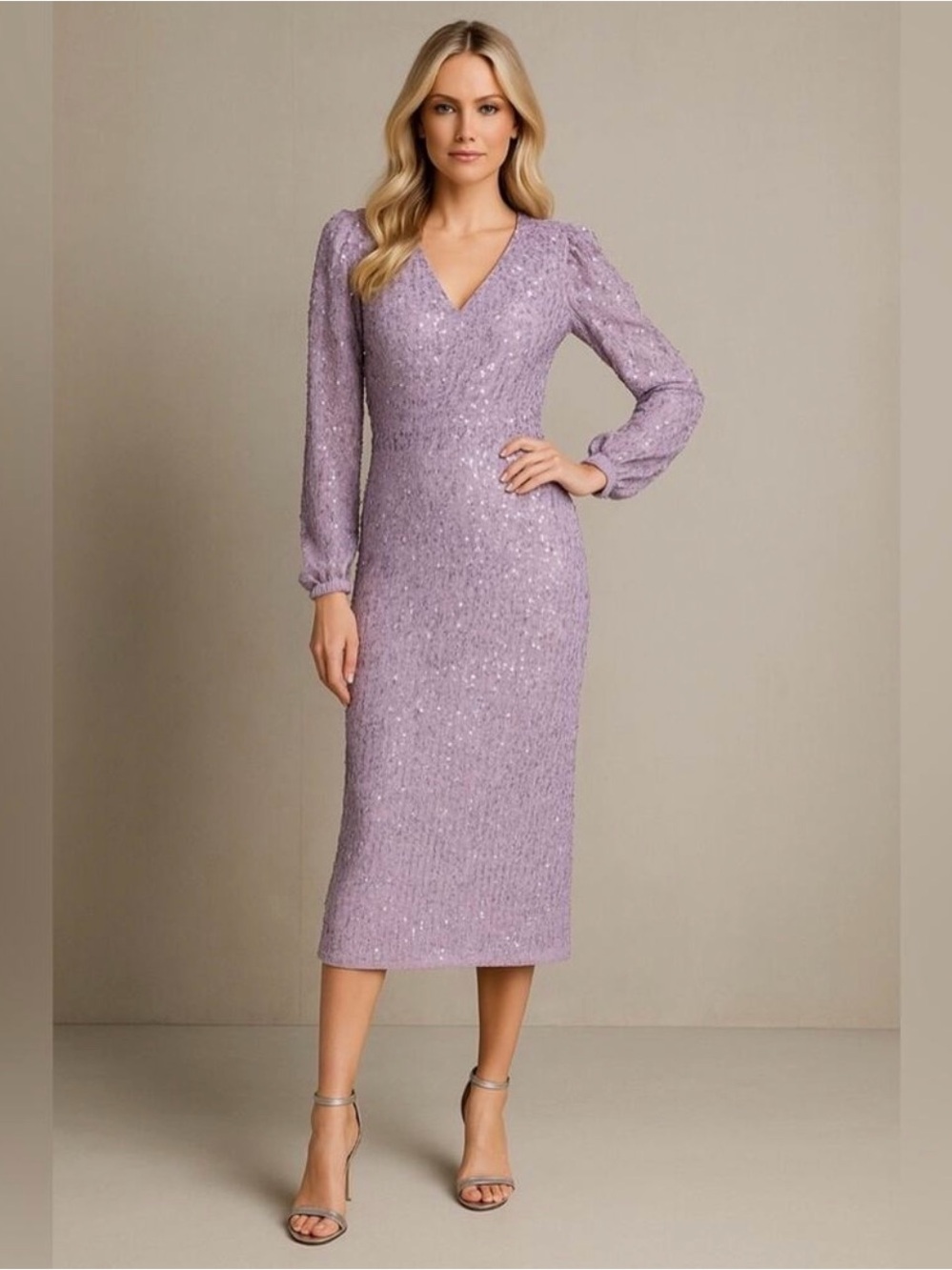 NWT Mac Duggal Purple Sequined Puff Sleeve V Neck Midi Lavender 14 - Picture 4 of 16